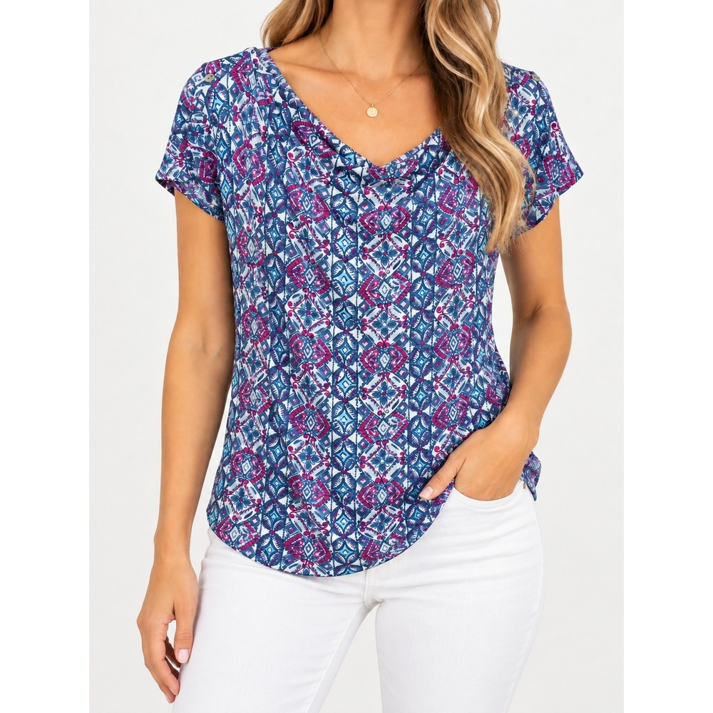 Royal Robbins Cowl Neck Top XL Blue Magenta Ikat Geometric Print Short Sleeve
